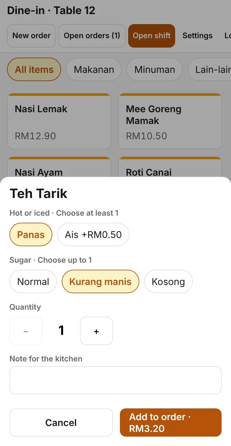 OpenKedai on a phone: choosing hot and less sugar for a Teh Tarik while taking an order